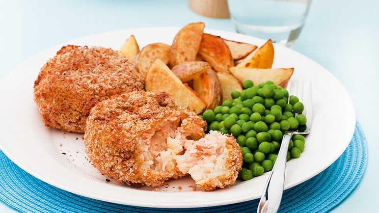 Fishcake with Roasted New Potatoes and Peas