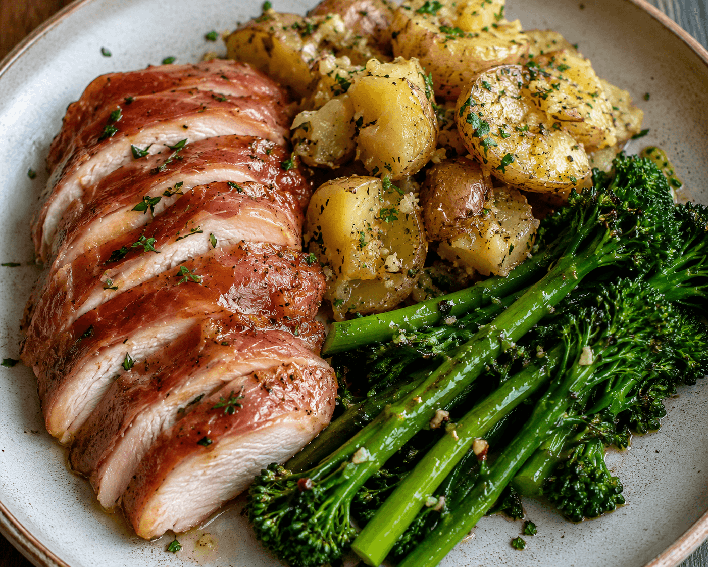 Cured Chicken, Garlic Crushed New Potatoes, Tenderstem Brocolli